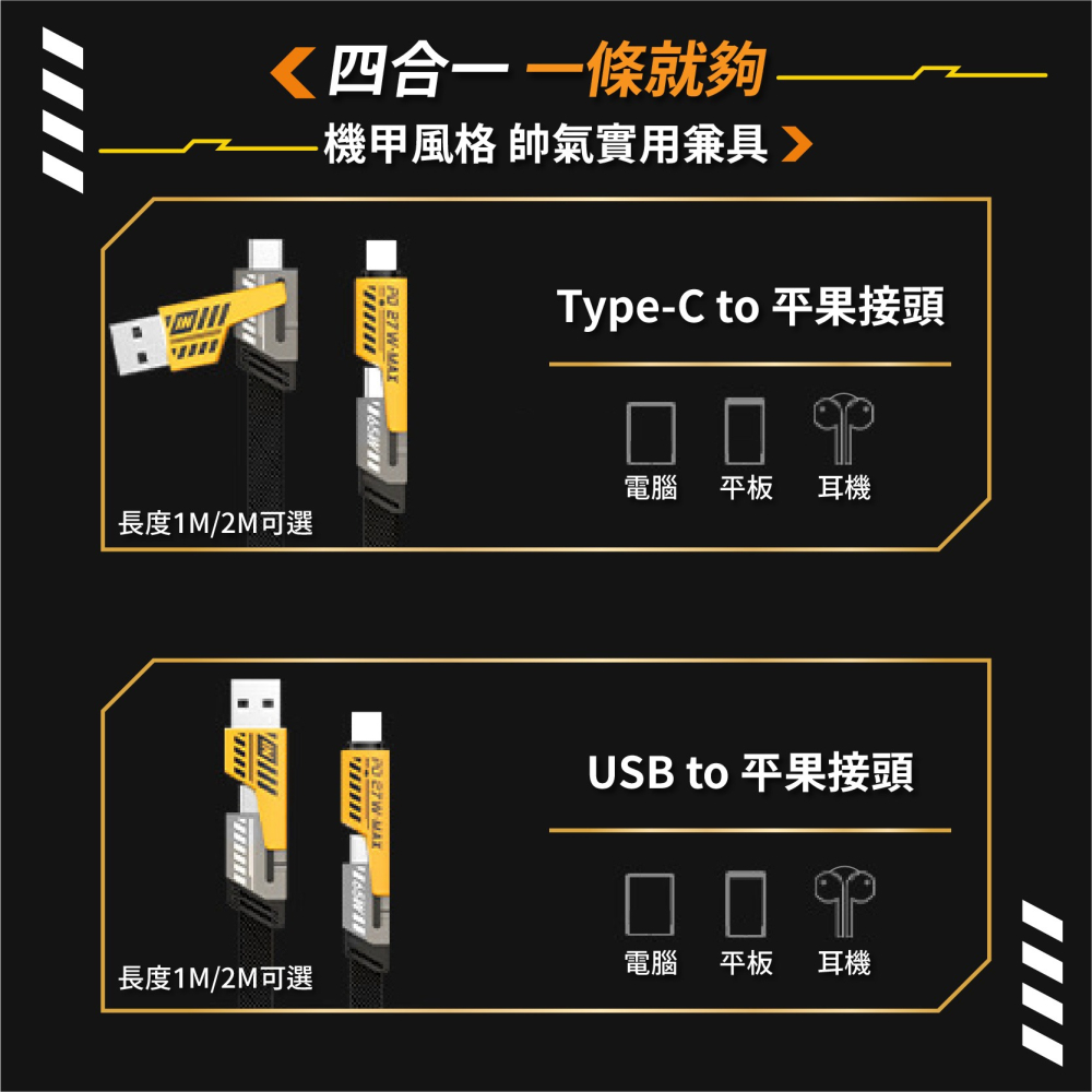 四合一充電線 加固線材 適用平果 三星 安卓 65W PD快充線 Type-C 數據線-細節圖9