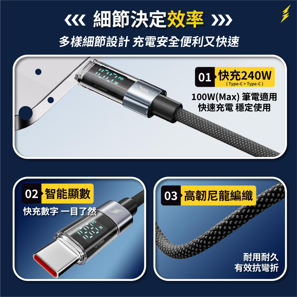 240W 數顯充電線 適用平果 三星 安卓 PD快充線 Type-C 數據線 手機傳輸線-細節圖3
