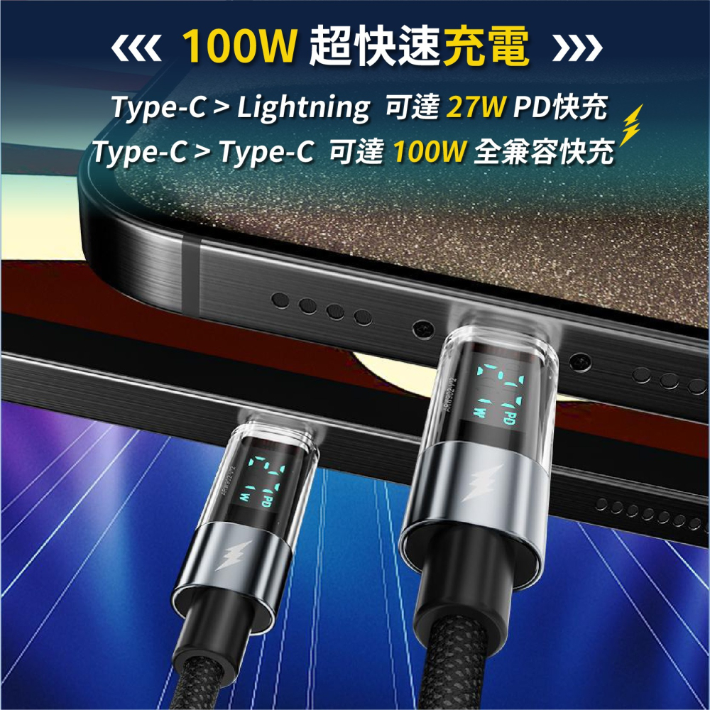 100W 數顯充電線 適用iPhone 三星安卓 PD快充線 蘋果 Type-C 數據線 手機傳輸線-細節圖5