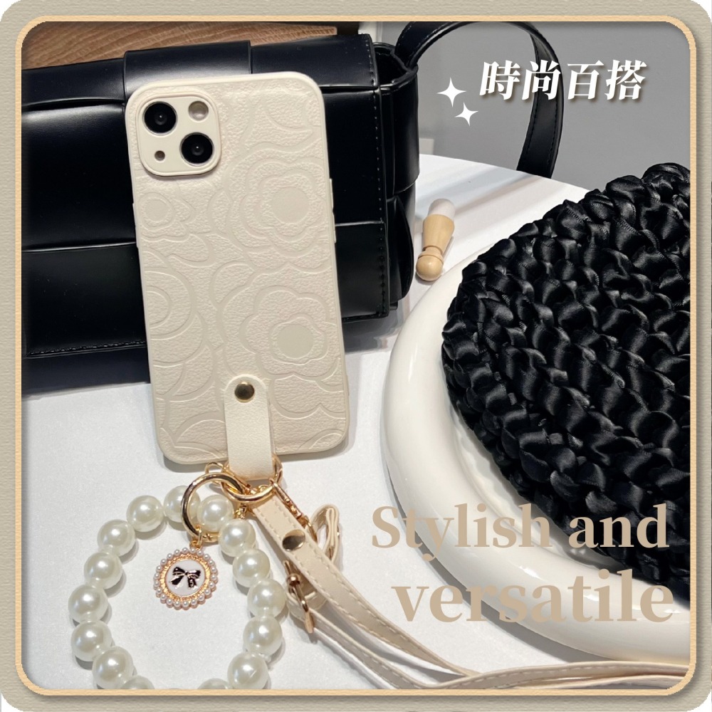 山茶花珍珠手機殼 手提鏈 斜背掛繩 i16 i15 Pro max 保護殼 矽膠手機套-細節圖6