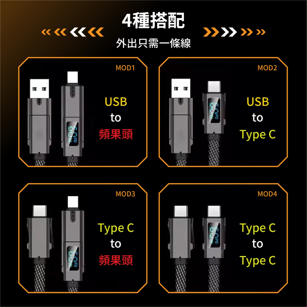 數顯 機甲四合一100W 充電線 1米/2米 四合一充電線 4合1充電線 充電線 數據線 2拖2-細節圖8
