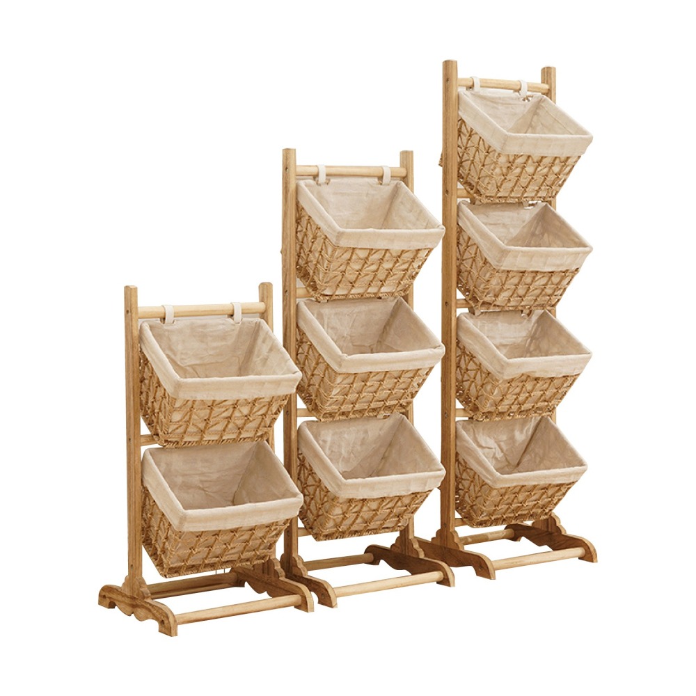 北歐風 實木 藤編吊籃置物架 落地牆面置物架 零食收納架 多層儲物架 書報架 展示架 玩具收納架-細節圖2