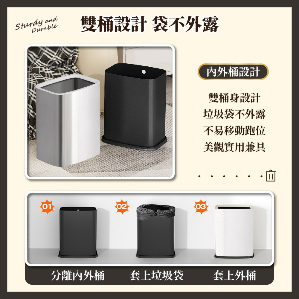 加厚壓圈 不鏽鋼垃圾桶 8L 15L 大開口 方形垃圾桶 廚房垃圾桶 廁所垃圾桶 不銹鋼垃圾桶-細節圖4