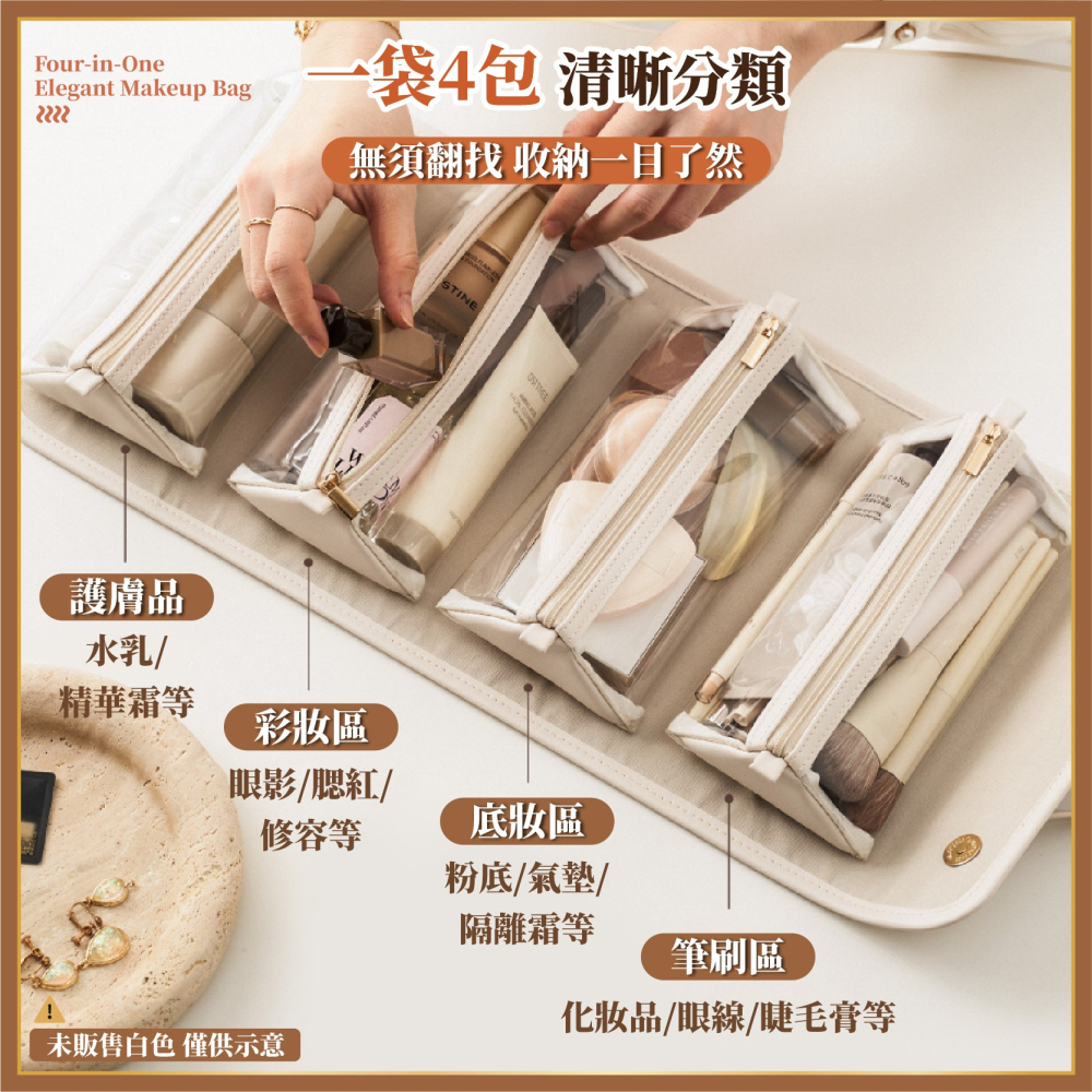 輕奢 四合一化妝包 可拆式 可拆卸 盥洗包 洗漱包 化妝包 分類包 收納包 收納袋 旅行包 刷具包-細節圖3