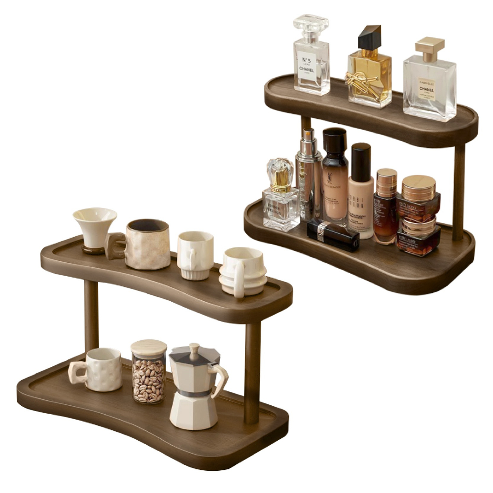 雙層仿胡桃木紋置物架 桌面收納 桌上展示架 文具架 收納架 茶具架 廚房收納 桌上收納 公仔展示-細節圖2