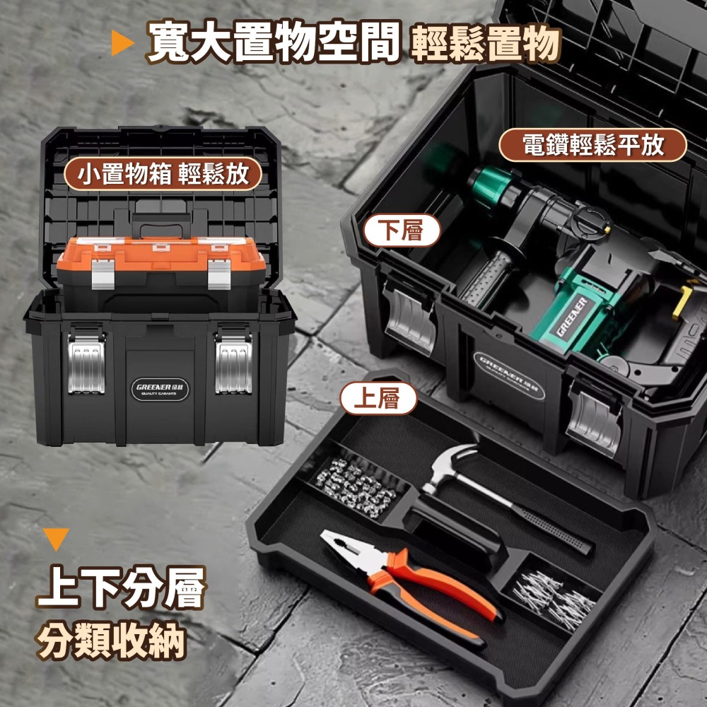 綠林 可疊加工具箱 可平放電鑽 雙層 電工箱 堆疊工具箱 大工具箱 材料箱 手提工具箱 工具箱-細節圖3