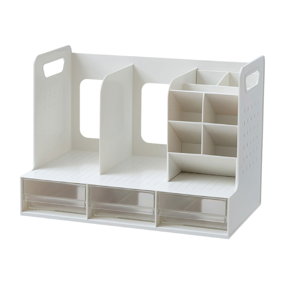 書擋抽屜收納架 桌面書立收納盒 三聯書架帶筆筒 抽屜盒 文具置物架 書架 書立 文具收納 書本收納-細節圖2