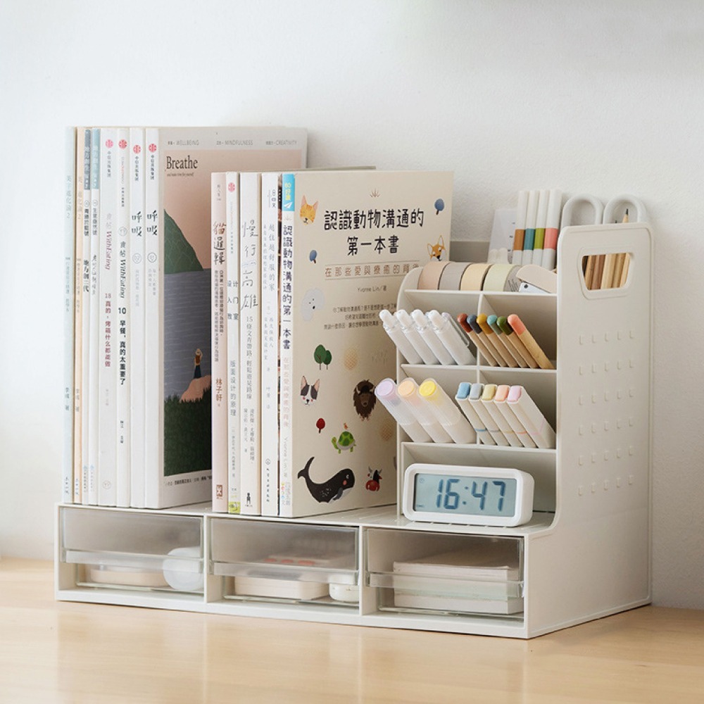 書擋抽屜收納架 桌面書立收納盒 三聯書架帶筆筒 抽屜盒 文具置物架 書架 書立 文具收納 書本收納-細節圖7