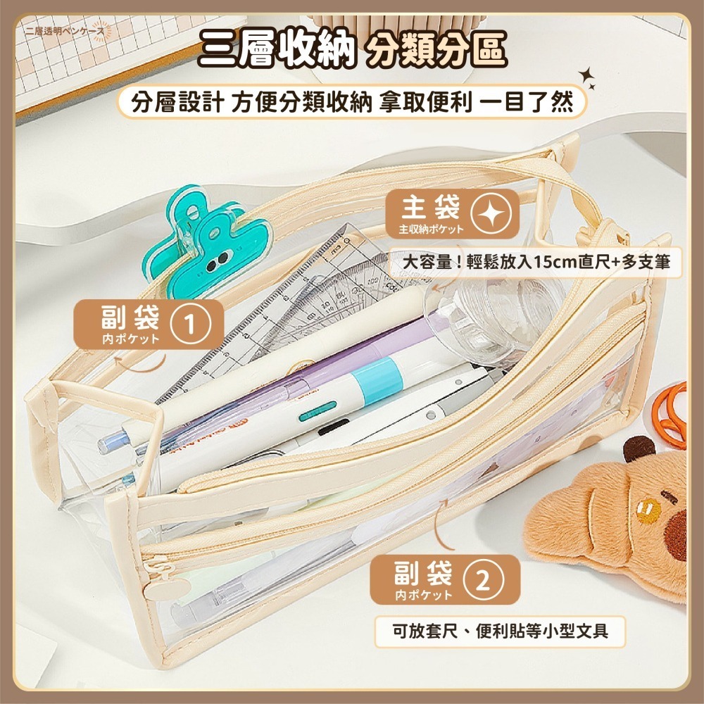 三層透明筆袋 考場可用 透明筆袋 透明鉛筆盒 鉛筆袋 鉛筆盒大容量 筆袋 文具袋 學生小物 韓系筆袋-細節圖3