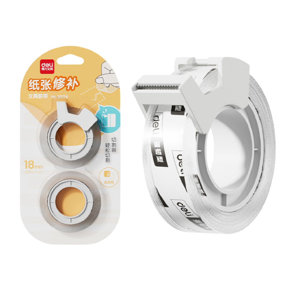 得力30128 透明膠帶套組18mm*25y 含切割器 文具膠帶 高透明膠帶 學生文具 辦公文具-細節圖2