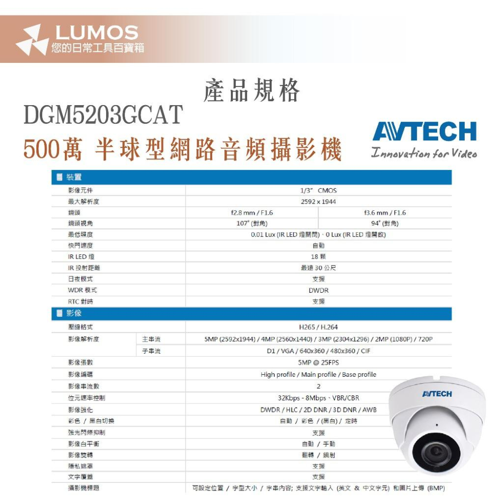 【台灣現貨/當天出貨】AVTECH 陞泰科技 DGM5203GCAT 500萬 半球型 網路音頻攝影機 內建麥克風-細節圖5
