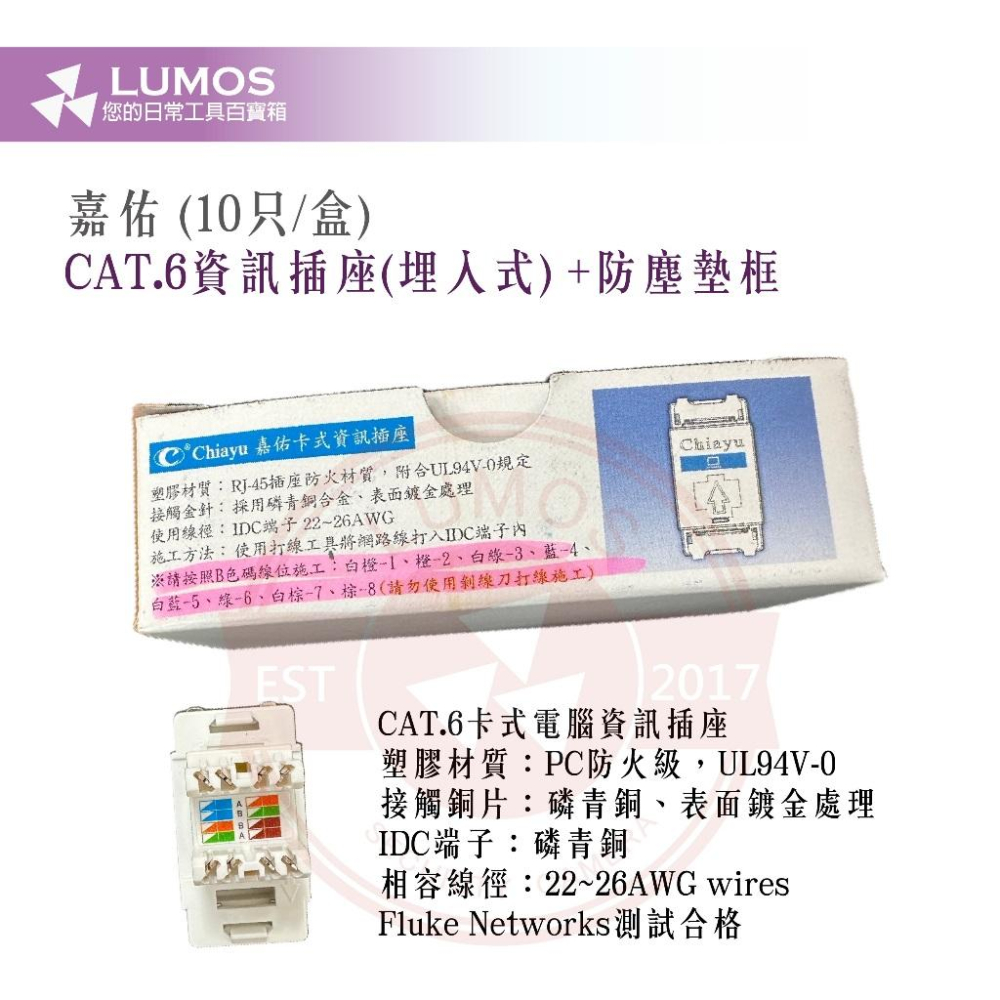 【台灣現貨/當天出貨】嘉佑CHIAYU Cat.6資訊插座(埋入式) +墊框 Cat6網路插座 JY-1037-CAT6-細節圖6