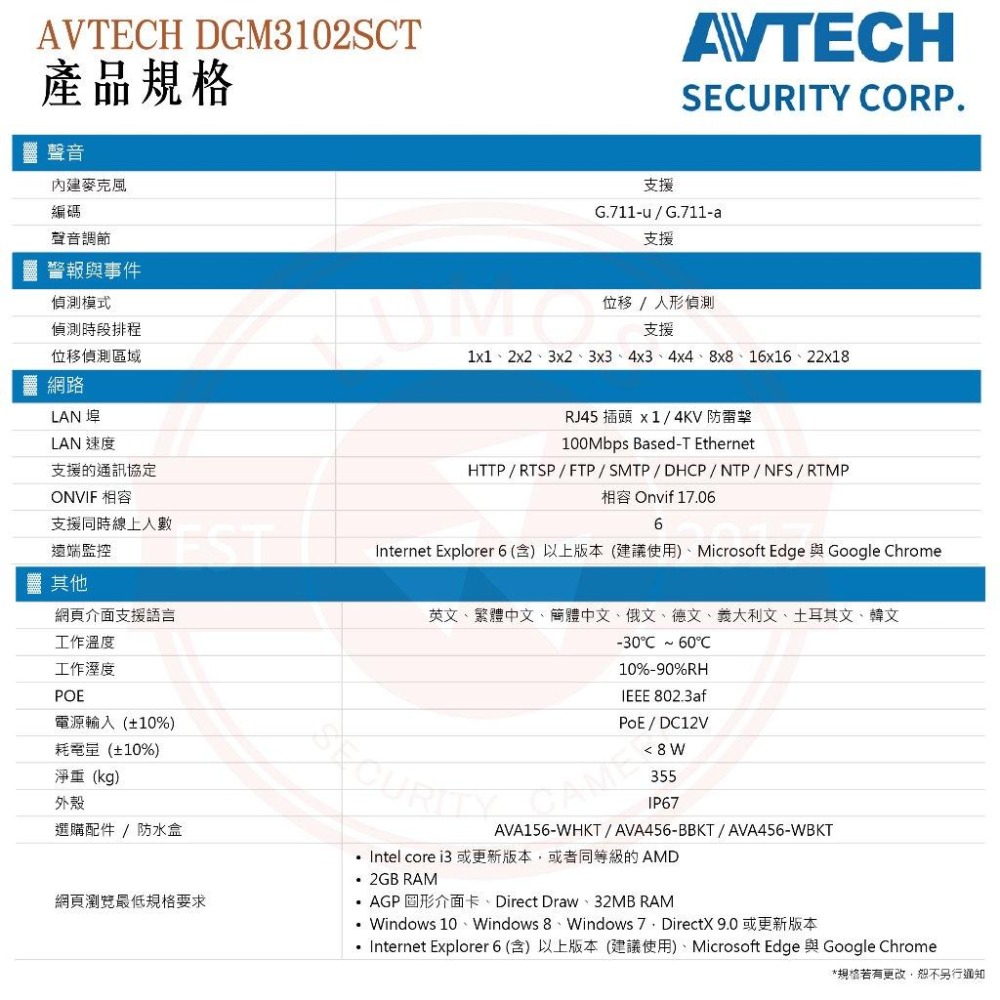 【台灣出貨/原廠保】 AVTECH陞泰 DGM3102SCT 300萬 AI 紅外線槍型網路攝影機 內建麥克風-細節圖5