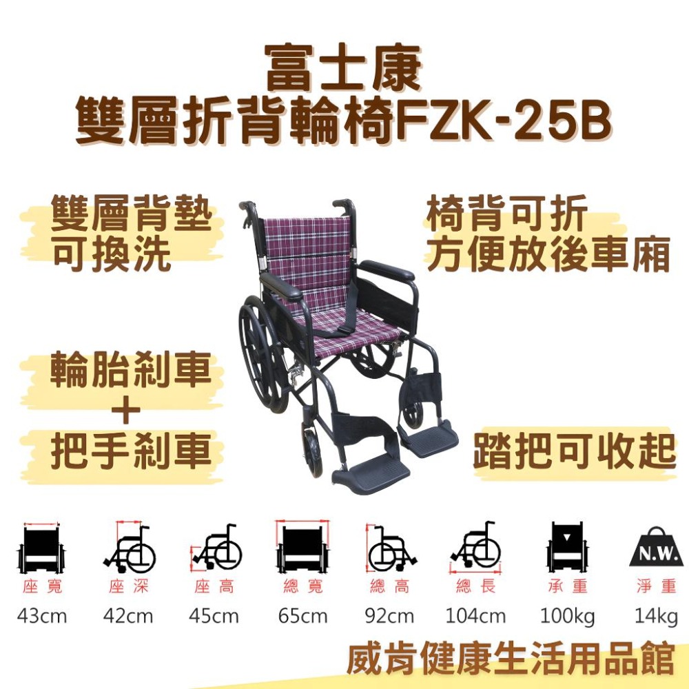 【免運】富士康折背輪椅 FZK-25B  鋁合金輪椅 手動輪椅 FZK25B  雙層背墊 後背可折 踏板可收 可補助-細節圖3