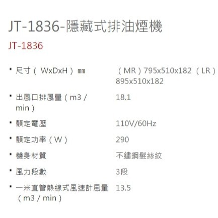 《日成》喜特麗80cm 隱藏式 排油煙機(JT-1836MR) 智能連動 全機不銹鋼-細節圖2