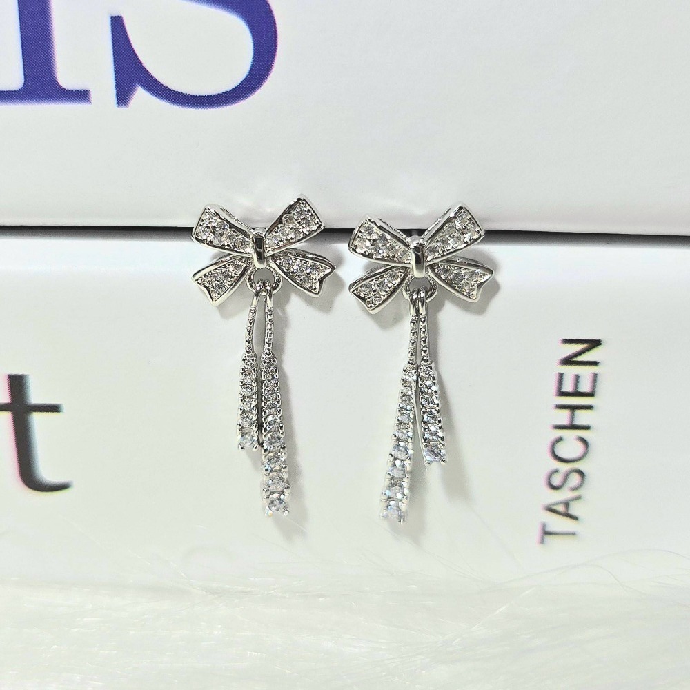 【925純銀 蝴蝶結水鑽閃耀垂墜耳環】耳飾 飾品 氣質耳環 女生耳環 女生飾品 #CA0223-規格圖4