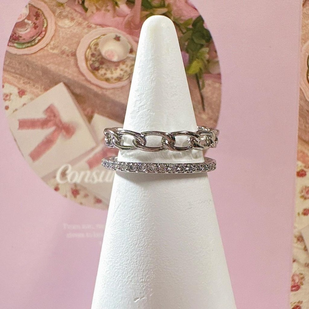 【韓系雙層水鑽簍空環扣戒指】開口戒 可調節戒指 甜美可愛 女生戒指 女生飾品 時尚配件 CA0401-細節圖7