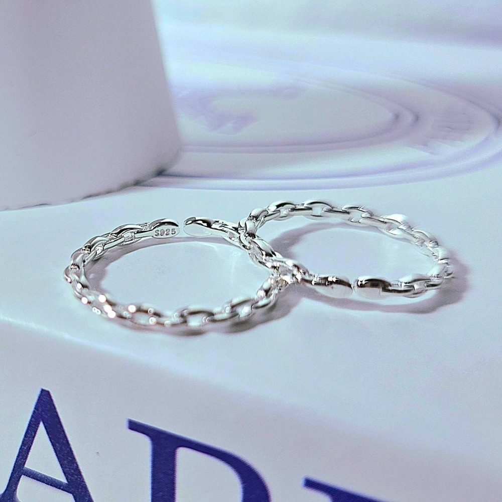 【925純銀 簡約鎖鍊環扣戒指】開口戒 女生戒指 女生飾品 首飾 戒指 #CA0224-細節圖3