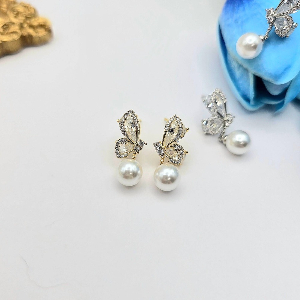 【正韓 925銀針 氣質水鑽蝴蝶珍珠耳環】 韓國爆款推薦耳環 耳飾 網紅必備推薦飾品 送禮 YA5305-細節圖2