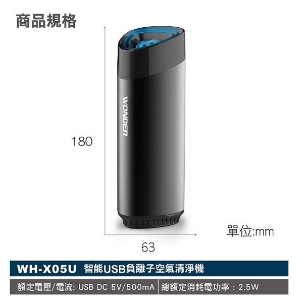 [長榮航空] WONDER 智能USB負離子空氣清淨機 WH-X05U-細節圖2