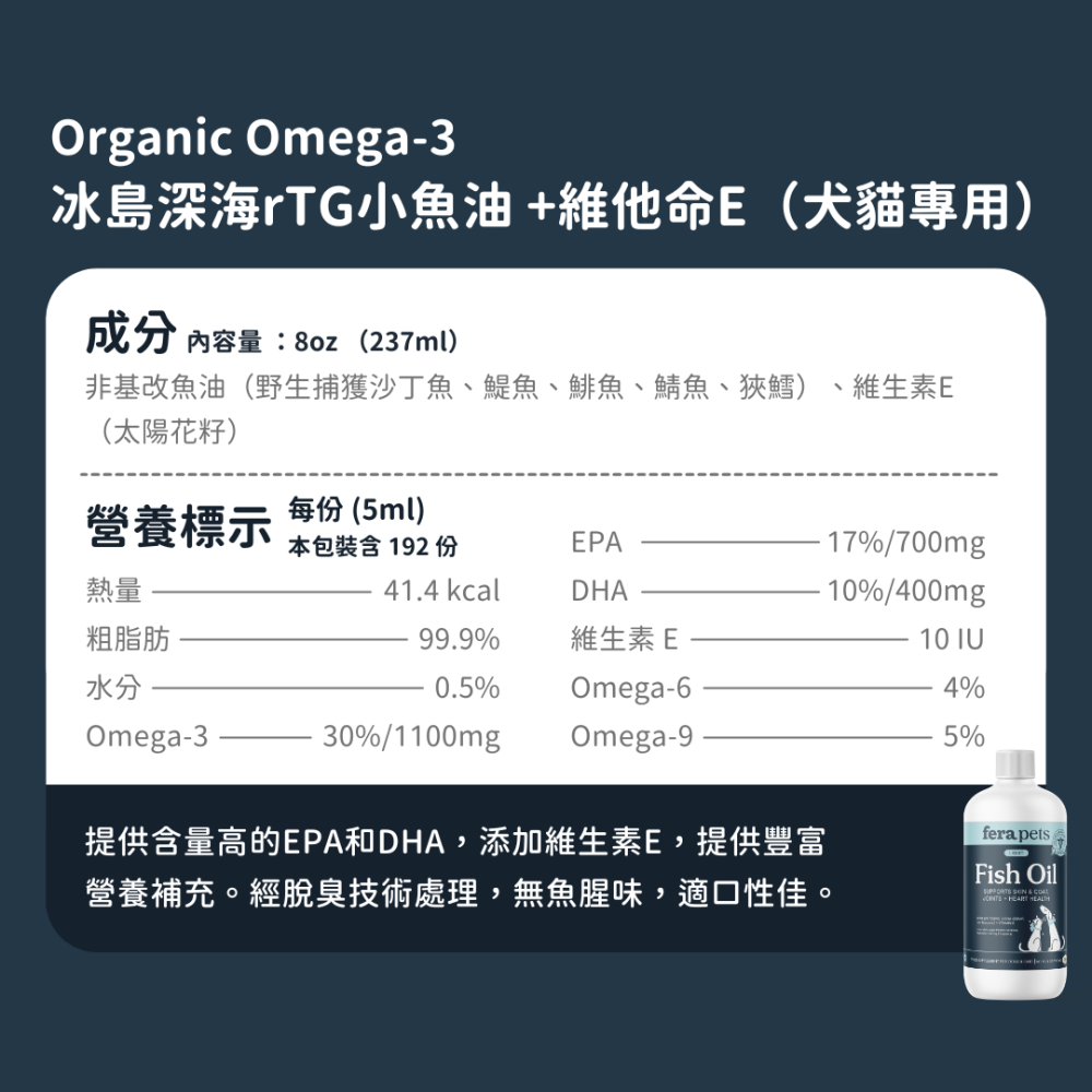 ★現貨免運【飛樂沛】美國 Fera Pets 冰島深海rTG小魚油+維他命E Omega-3 EPA DHA 犬貓用-細節圖9