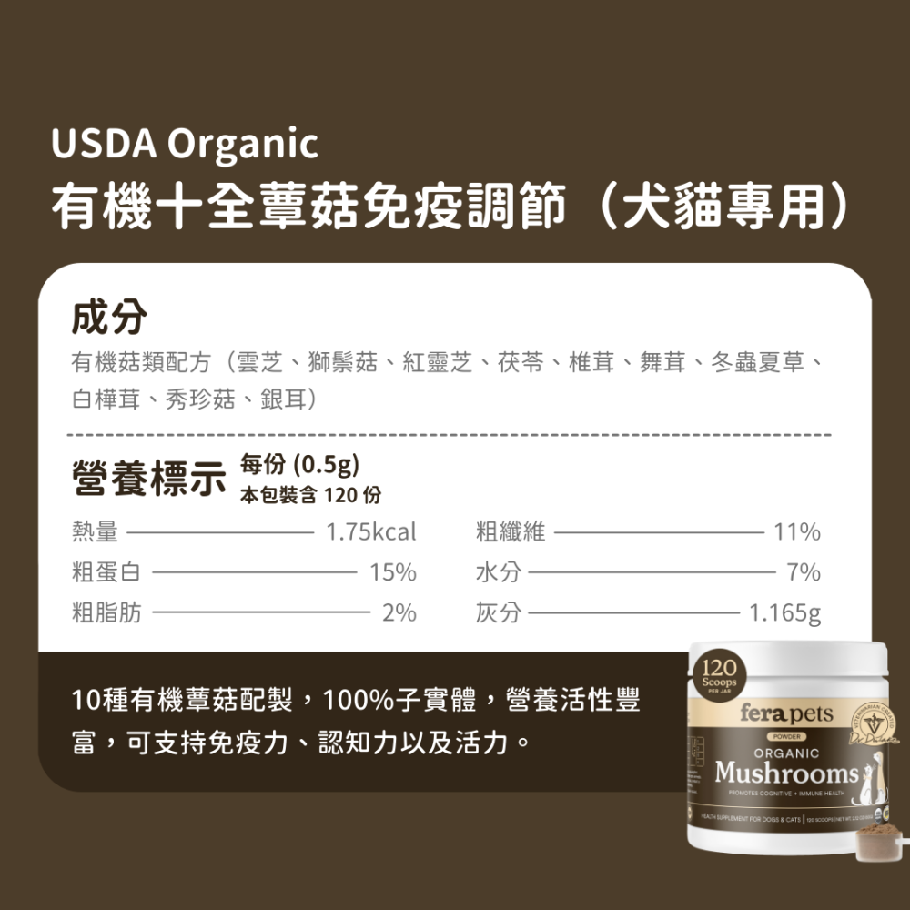 ★現貨免運【飛樂沛】美國 Fera Pets USDA Organic 有機十全蕈菇 菇菇粉 營養補充 犬貓用-細節圖10