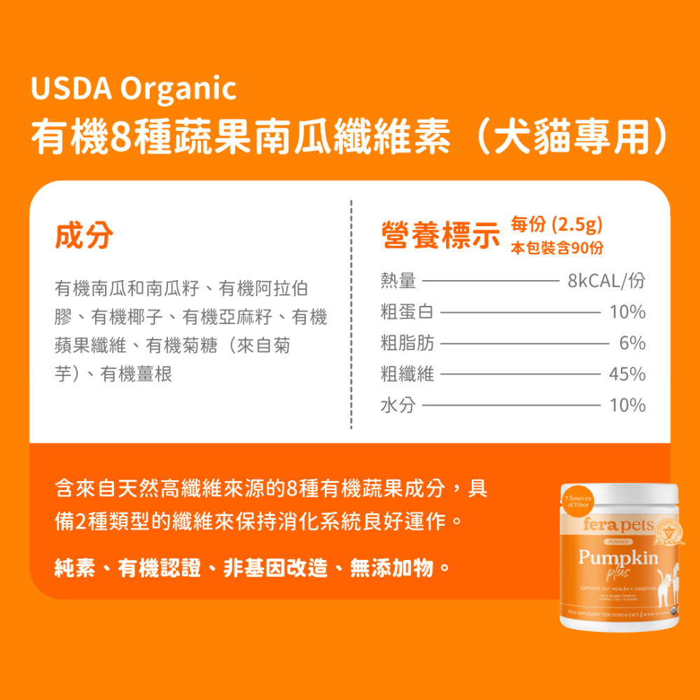 ★現貨免運【飛樂沛】美國 Fera Pets USDA Organic 有機6種蔬果南瓜纖維素 腸道消化保健 犬貓用-細節圖10