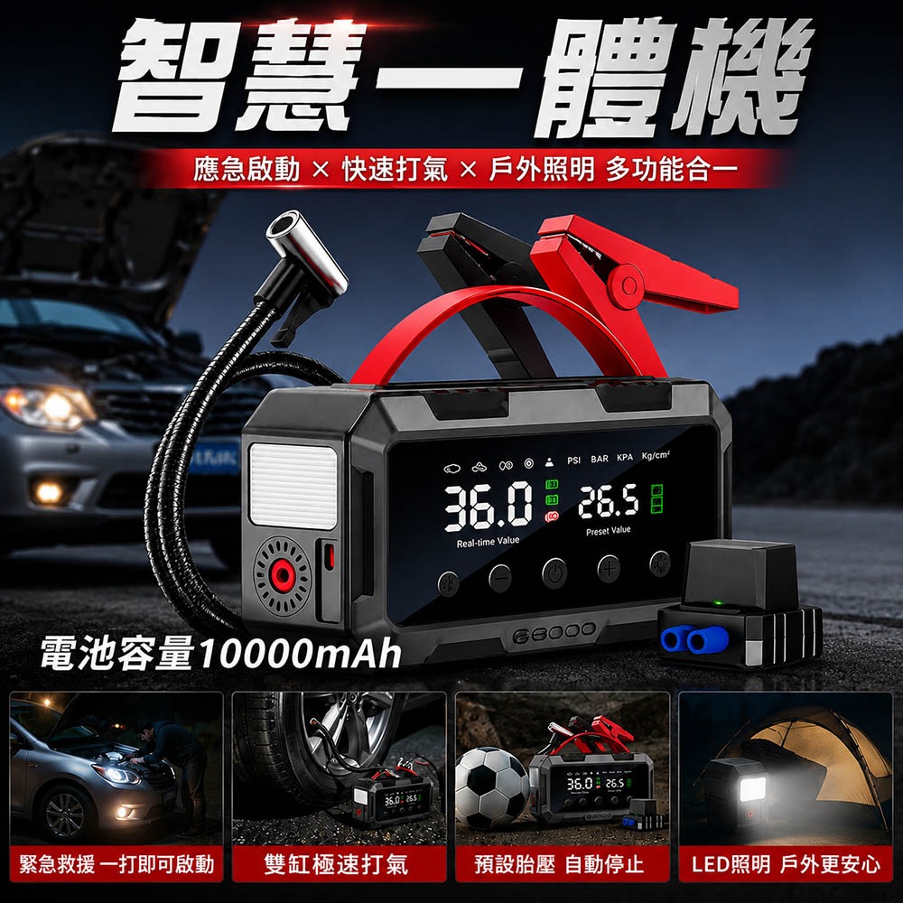 【任e行】PT-126 10000mAh 雙缸打氣 多功能救車行動電源(自動充停/防反接智慧電夾)-細節圖2