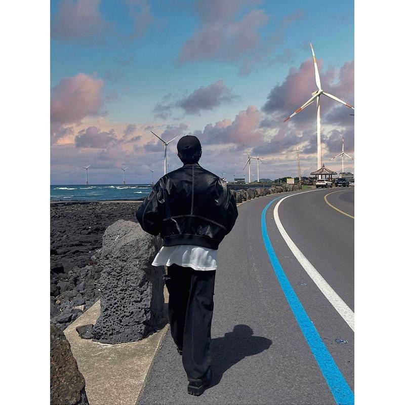 【PORY STORE 】🇰🇷韓國 短版雙拉鍊反車線外套 皮革外套 短版外套 休閒外套 韓國外套 外套 特殊剪裁 皮外套-細節圖5