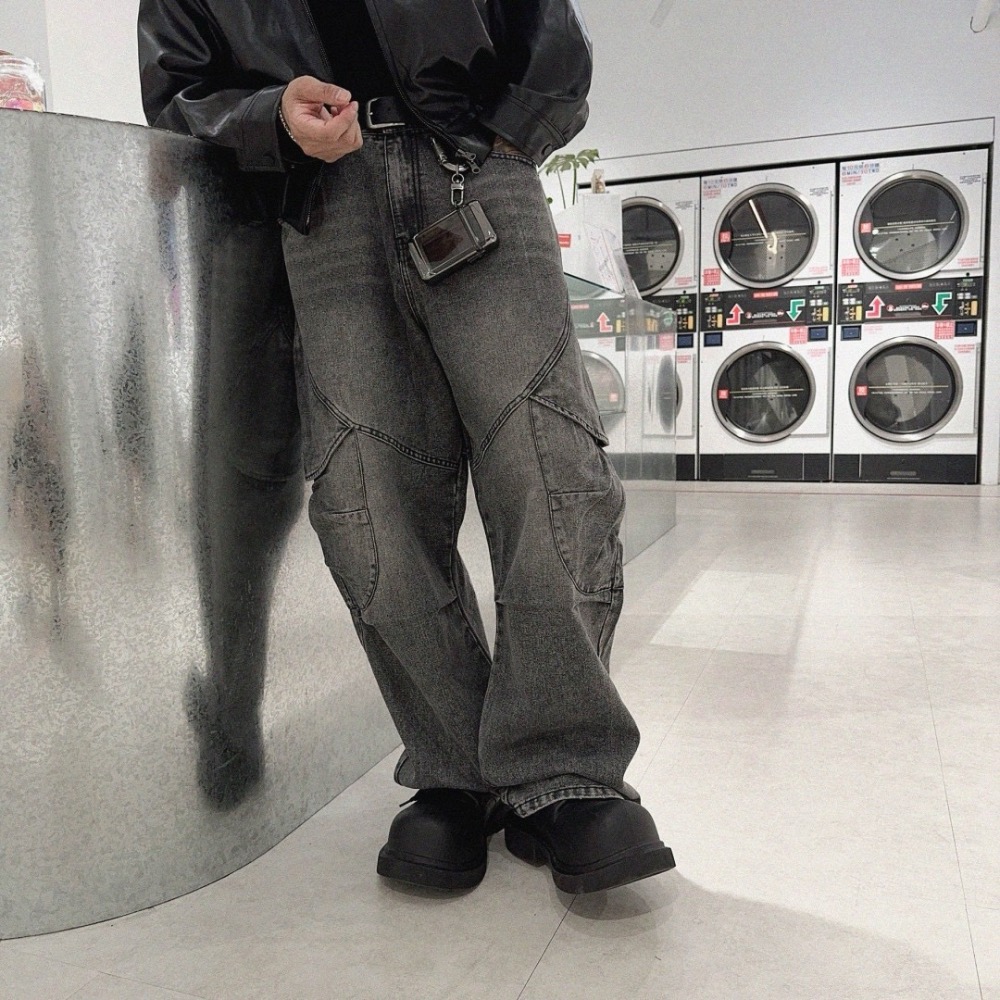 ￼【PORY STORE】 韓國 大口袋 工裝 牛仔褲 休閒 長褲 落地褲 牛仔長褲 寬鬆長褲 男生長褲 工裝褲 闊腿褲-細節圖5