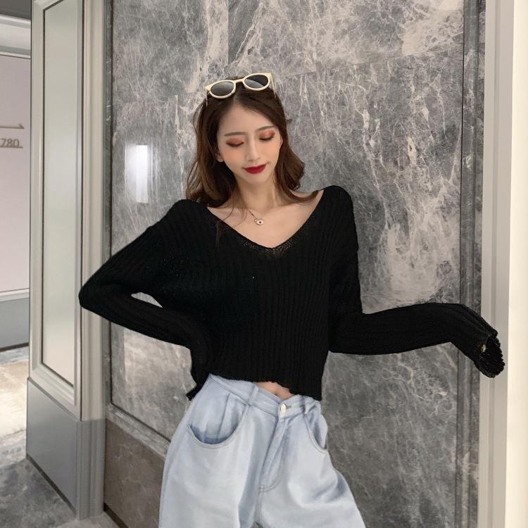 【D.studio】韓版寬鬆斜肩針織短版長袖上衣 長袖T恤 女裝 休閒衣服 上衣【W207】-細節圖8