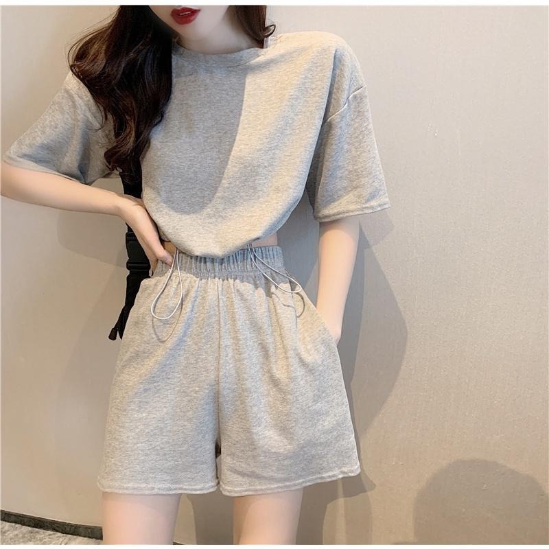 【D.studio】韓版運動高腰短版上衣+短褲 兩件套 衣服 女裝 T恤 短袖T恤 上衣【S138】-細節圖3