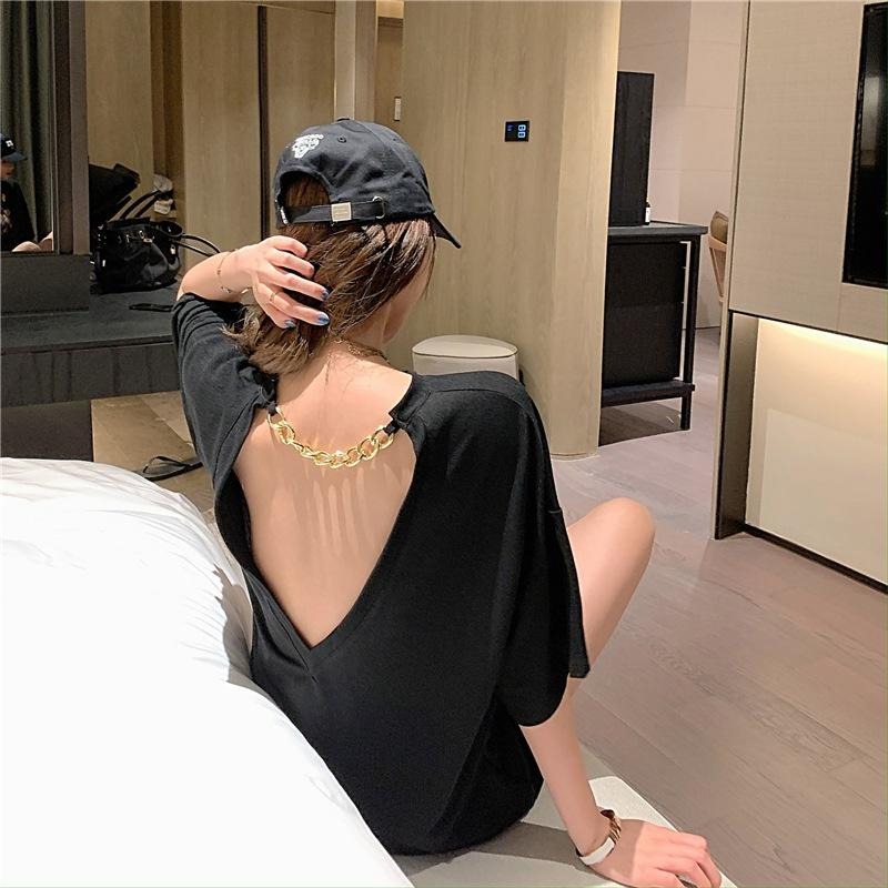 【D.studio】韓版露背寬鬆鏈條短袖上衣 衣服 女裝 t恤 短袖t恤 上衣【T385】-細節圖2