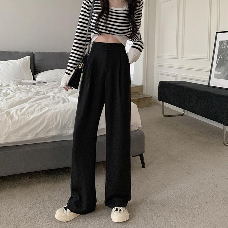 【D.studio】韓版雙扣高腰寬鬆顯瘦垂感休閒西裝褲 寬褲 褲子 女裝【P263】-細節圖8