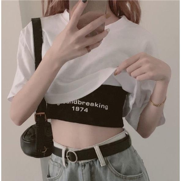 【D.studio】韓版設計感小眾字母印花短版上衣+短版背心 兩件套 衣服 女裝 T恤 短袖T恤 上衣【S81】-細節圖3