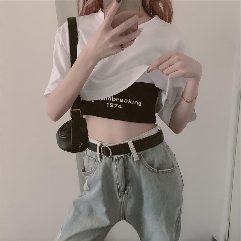 【D.studio】韓版設計感小眾字母印花短版上衣+短版背心 兩件套 衣服 女裝 T恤 短袖T恤 上衣【S81】-細節圖5