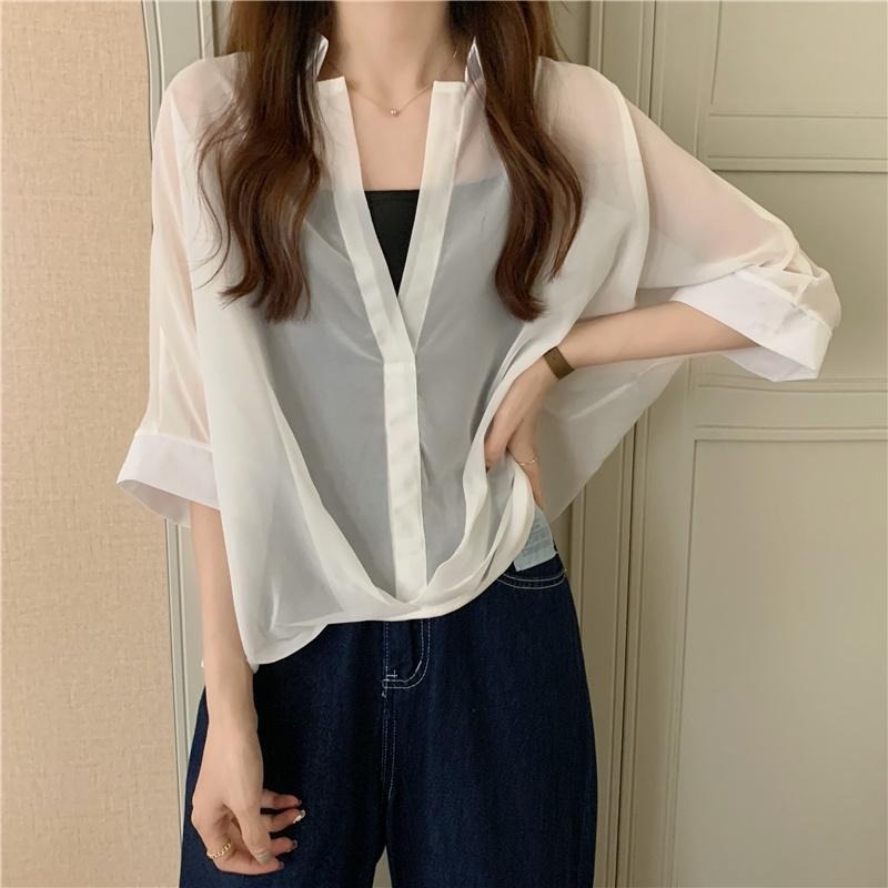 【D.studio】韓版雪紡顯瘦蝙蝠袖襯衫+背心 套裝 女裝 上衣 衣服 短袖T恤【S182】-細節圖5