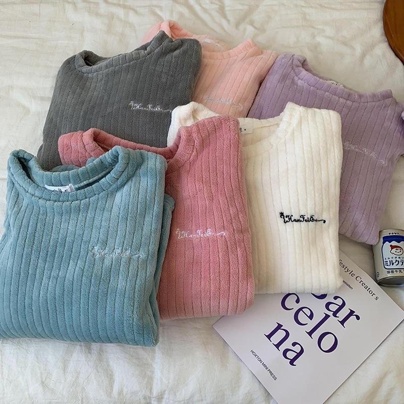 【D.studio】韓版休閒居家珊瑚絨睡衣套裝 長袖上衣 長袖t恤 衣服 女裝 上衣 寬褲 褲子-細節圖9