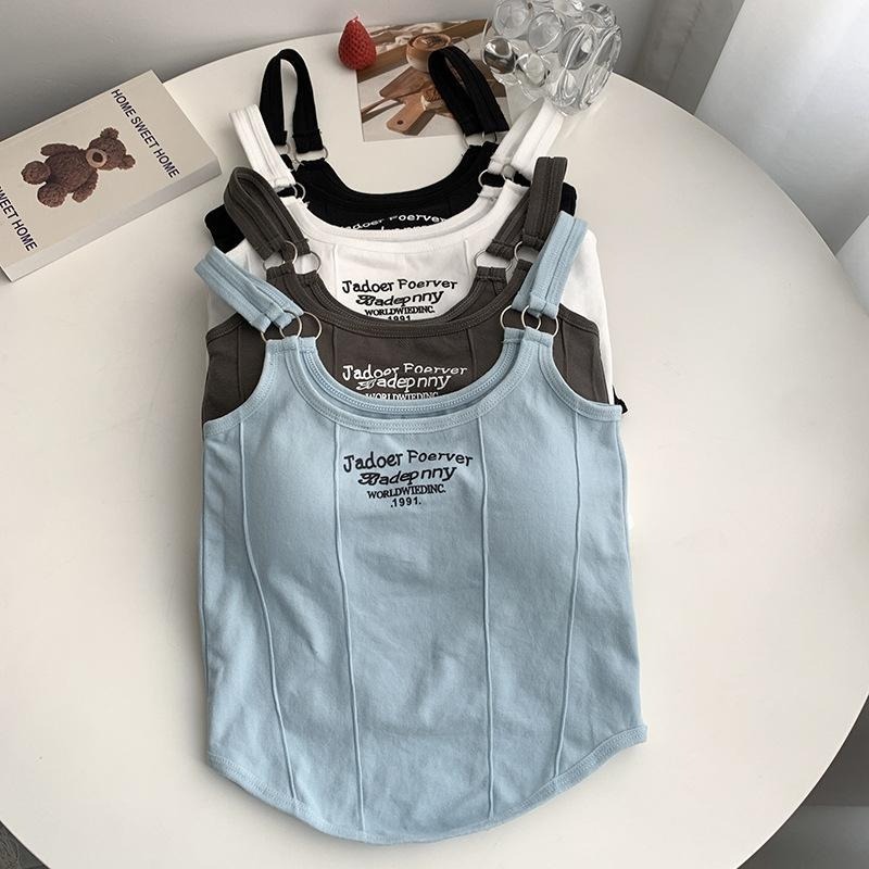 【D.studio】韓版個性刺繡設計感短版背心 帶胸墊 小可愛 女裝 上衣 內搭 運動背心【V307】-細節圖5