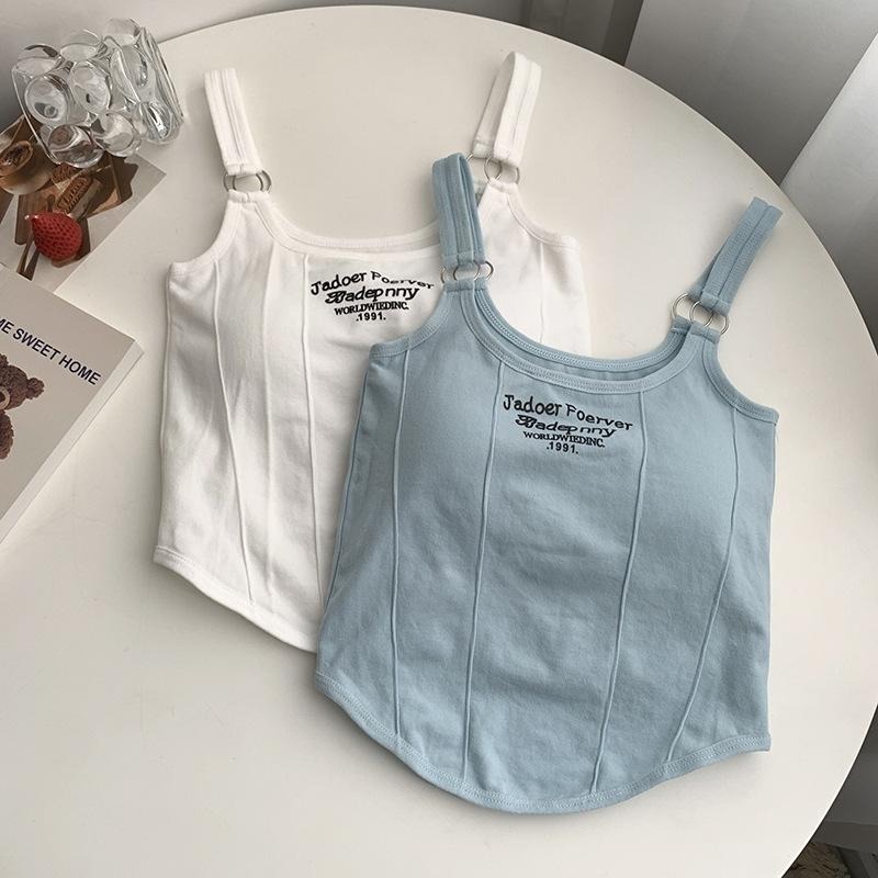 【D.studio】韓版個性刺繡設計感短版背心 帶胸墊 小可愛 女裝 上衣 內搭 運動背心【V307】-細節圖7