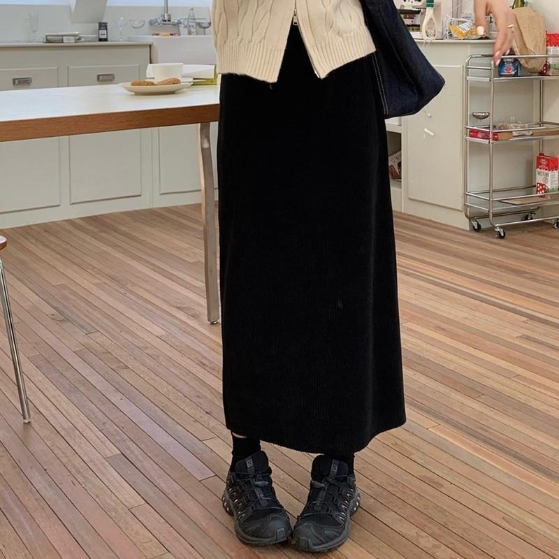 【D.studio】韓版燈芯絨鬆緊高腰直筒顯瘦長裙 褲裙 長裙 女裝【P308】-細節圖3