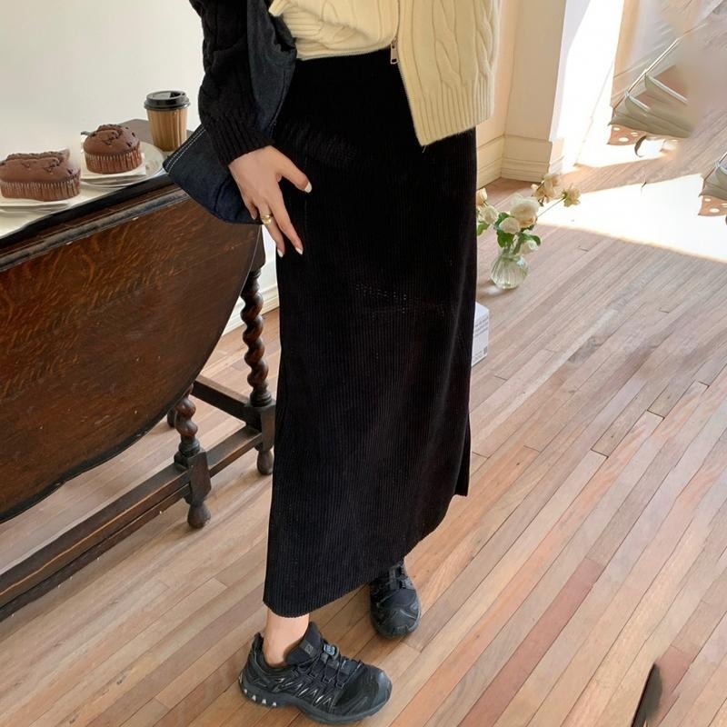 【D.studio】韓版燈芯絨鬆緊高腰直筒顯瘦長裙 褲裙 長裙 女裝【P308】-細節圖6