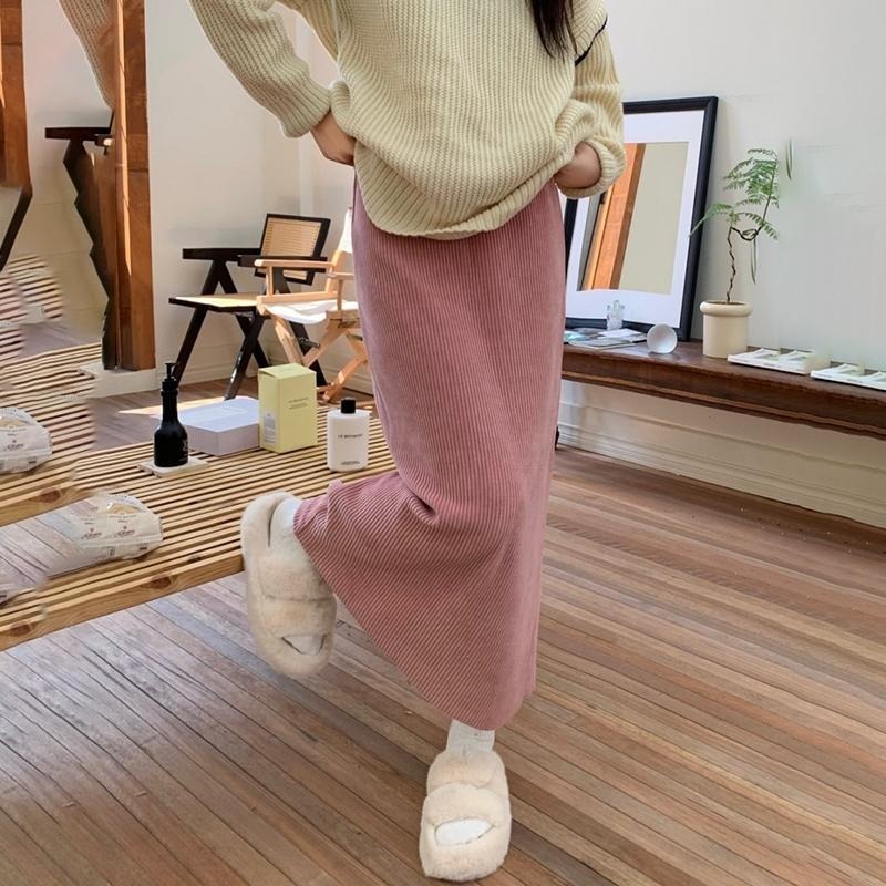 【D.studio】韓版燈芯絨鬆緊高腰直筒顯瘦長裙 褲裙 長裙 女裝【P308】-細節圖7