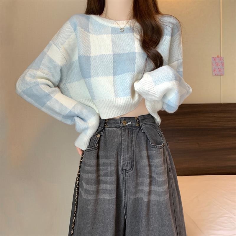 【D.studio】韓版格子顯瘦短版針織上衣 修身長袖上衣 女裝【W345】-細節圖5