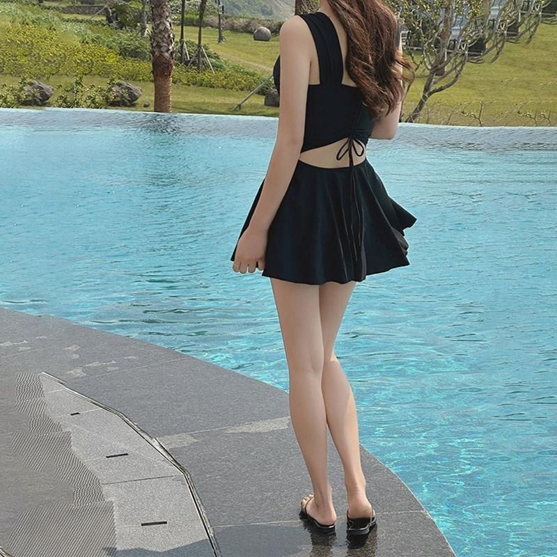 【D.studio】韓版露背百褶裙保守泳衣 顯瘦泳衣 連身泳衣 女生泳衣【S133】-細節圖4