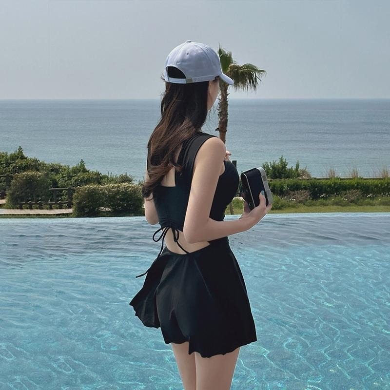 【D.studio】韓版露背百褶裙保守泳衣 顯瘦泳衣 連身泳衣 女生泳衣【S133】-細節圖5