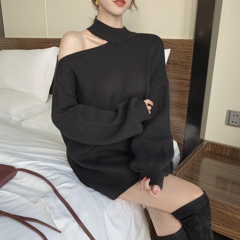 【D.studio】韓版小心機露肩慵懶風長版毛衣 女裝 長袖上衣 休閒上衣 秋冬女裝【W325】-細節圖2