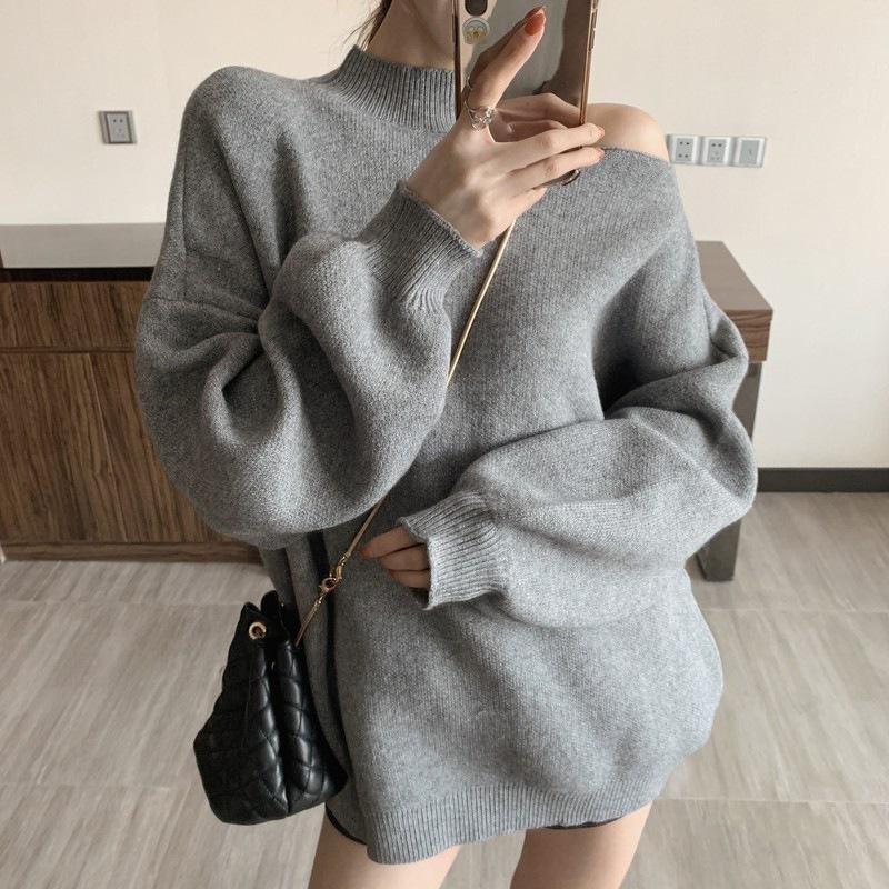 【D.studio】韓版小心機露肩慵懶風長版毛衣 女裝 長袖上衣 休閒上衣 秋冬女裝【W325】-細節圖3