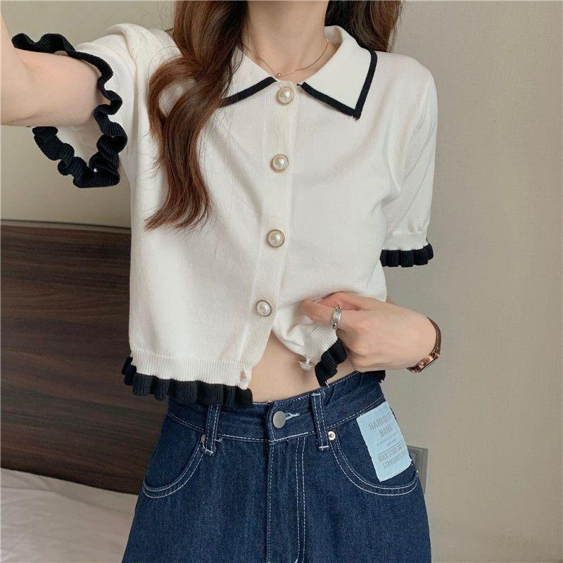 【D.studio】韓版寬鬆設計感小眾短版針織上衣 女裝 短袖t恤 上衣 休閒上衣【T251】-細節圖2