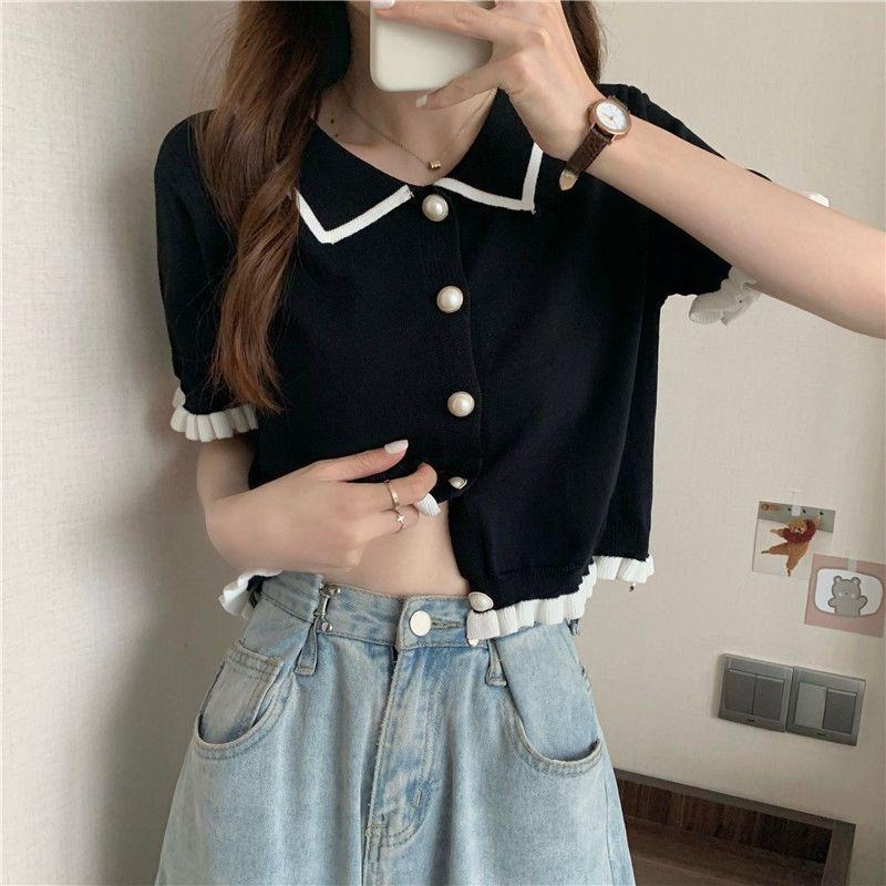 【D.studio】韓版寬鬆設計感小眾短版針織上衣 女裝 短袖t恤 上衣 休閒上衣【T251】-細節圖3